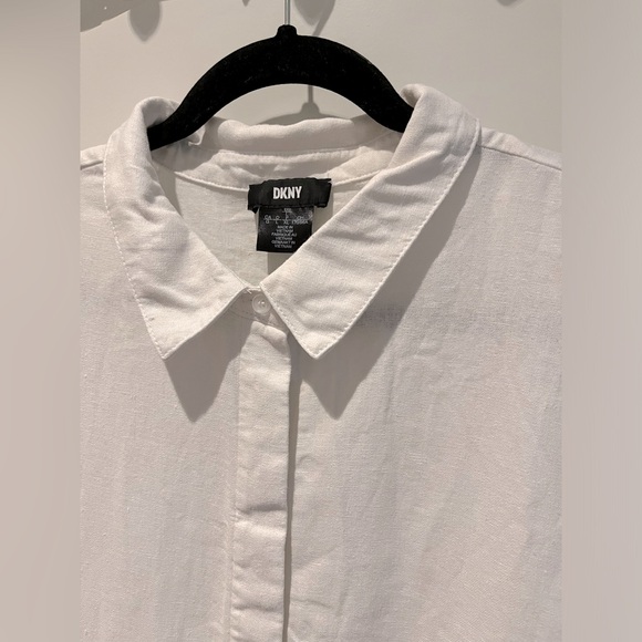 DKNY White Button Down Cinch Tie Waist Linen Shirt - Picture 5 of 6